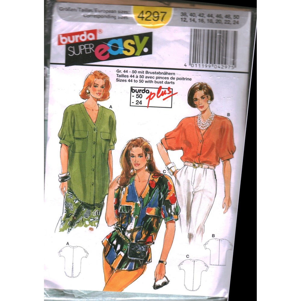 Burda Super Easy 4297 Sewing Pattern Womens Blouse Tunic Plus Size 44-50 18-24